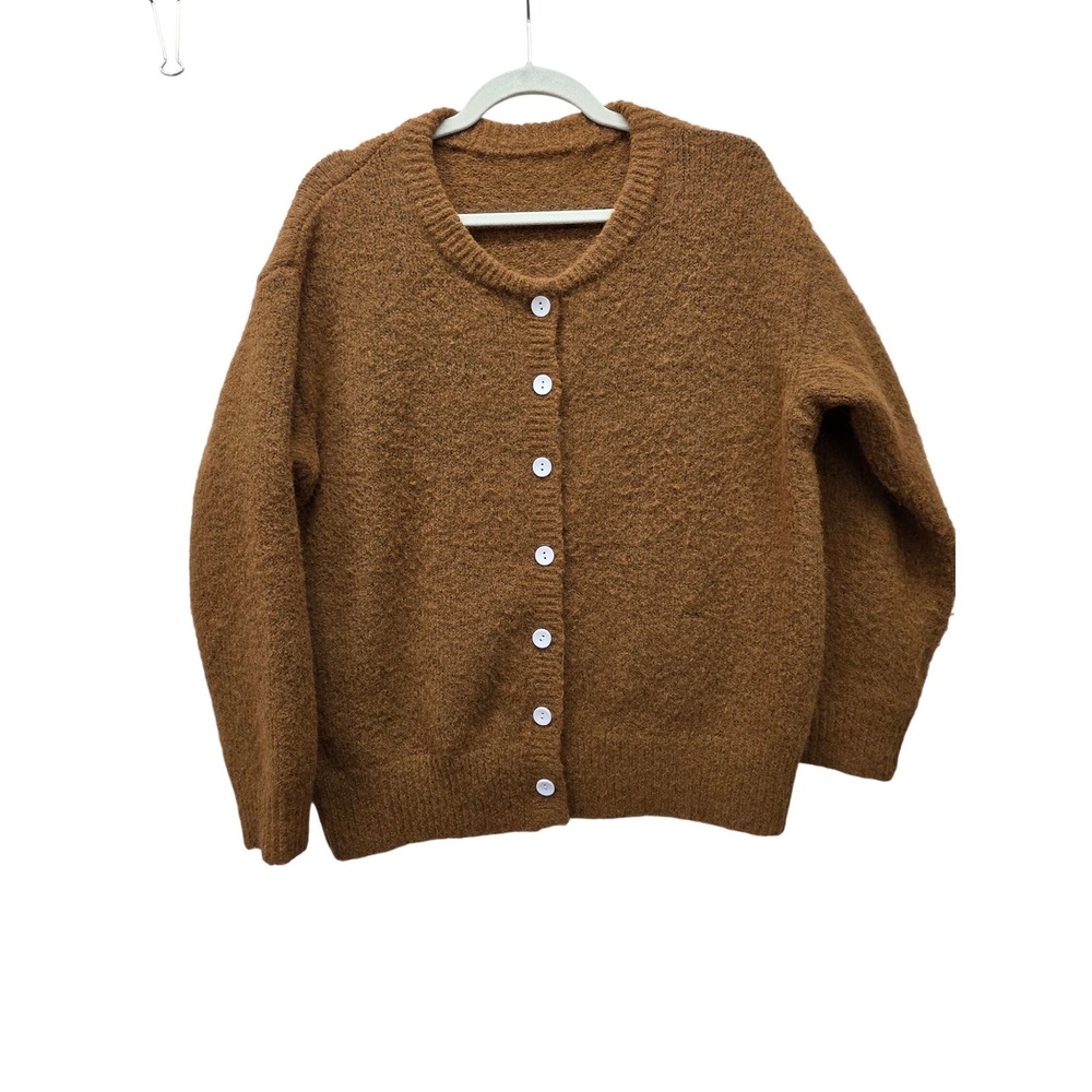 Brown Wool Blend Button Front Cardigan Sweater XXL Textured Knit Crew Neck Cozy